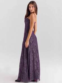 Nuevo Vestido Largo de Gala con Encaje y Apliques Florales Tirantes Delgados - Morado - Ver 2