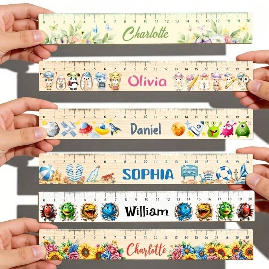 1 pieza Regla de madera personalizable con grabado de nombre, herramienta de medición con diseño lindo, regla personalizada para volver a la escuela, varios diseños con opción de nombre, regla de madera duradera y multifuncional, regalo ideal para el nuevo período escolar - A - Ver 1