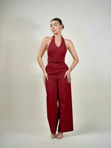 Top sin mangas con cuello en V y espalda abierta para mujer de oficina en primavera/verano y pantalones anchos de pierna, conjunto de estilismo adelgazante y alargador para ropa casual - Rojo - Ver 7