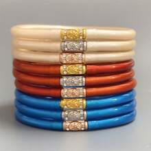 9pcs Set Faux Gold Foil Spray Plastic Gold Powder Bangle Bracelets, Fashionable Hexagram Thai Script Decor Accessories For Women - 9 Multi-colors - View 17