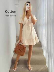 Vestido paraguas con cuello en V, lazo en los hombros, mangas caídas, cintura fruncida, volantes en el bajo, de doble capa con textura de crepé 100% algodón, casual, relajado, elegante, para uso diario, vacaciones, primavera y verano para mujer - Gris - Ver 5