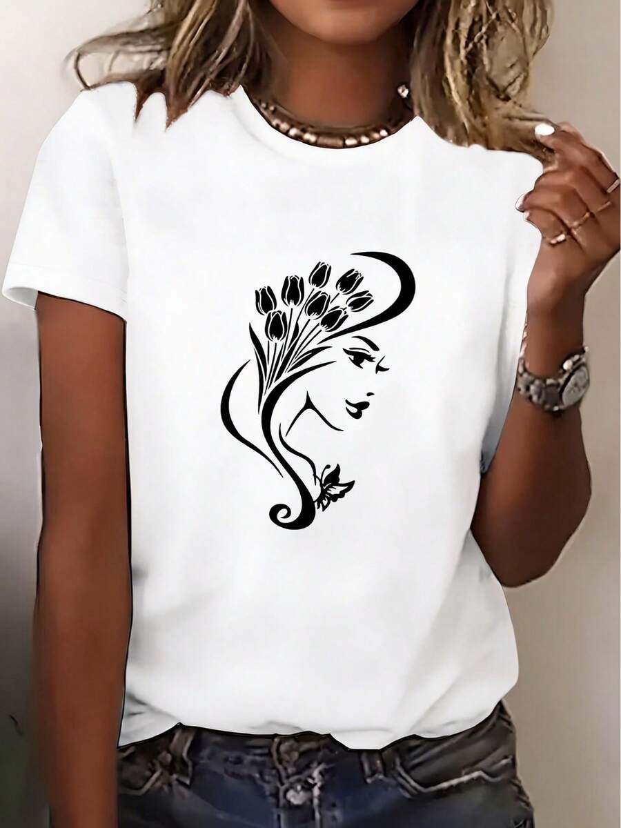 Women's T-Shirt 3388 # New Short Sleeve T-Shirts For Women, Summer Essentials, Gift For Travel And Dates, Beach Vacation, Tulip Neck Blouses For Women - 白色 - 查看 1