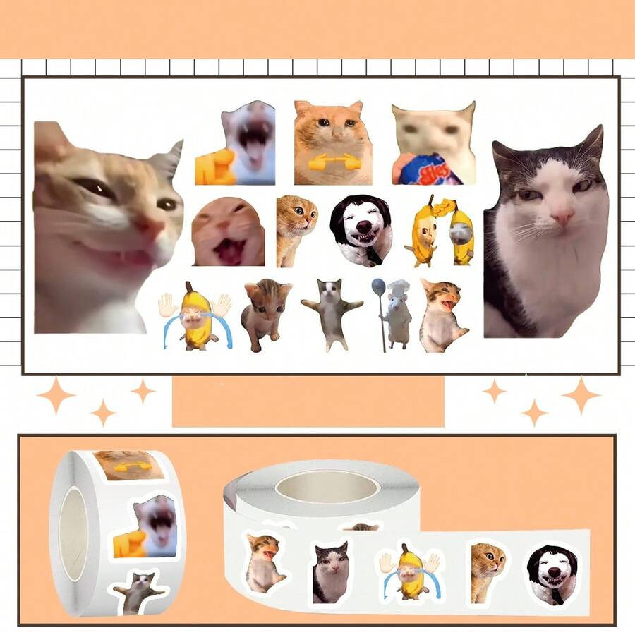500张/卷 经典动物猫咪表情包贴纸,DIY行李箱、笔记本电脑、滑板贴纸,奖励和礼物 - 彩色 - 查看 1