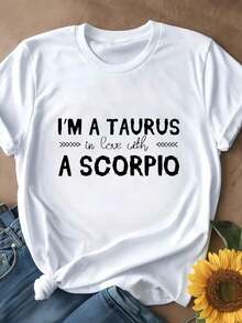 Camiseta de Mujer 2026, Corte Holgado Casual, Opciones en Blanco y Negro, Estampado 'Tauro Enamorado de Escorpio', Camiseta Gráfica con Frases Divertidas, Camisetas para Uso Diario, Tops de Verano, Camisetas Gráficas, Conjuntos de Verano, Camisetas Cortas para Mujer, Blusas para Mujer Casuales, Ropa Linda de Algodón Vintage para Mujer - Blanco - Ver 3
