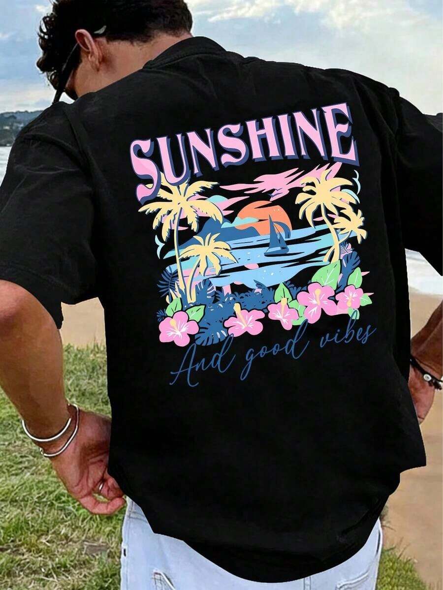 Men's Casual Summer T-Shirt, Vacation Style, Suitable For The Beach And Leisure Time. Loose Fit, Perfect For Everyday Wear, Comfortable And Versatile. Urban Fashion. - 黑色 - 查看 1
