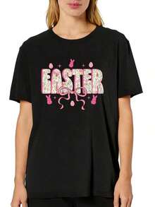 100% Pure Cotton, Women's T-Shirt Elegant Women's T-Shirt With Floral Easter Bunny And Rose Bow Eggs Pattern Print Comfortable Round Neck Short Sleeve T-Shirt 2026 Summer, Short Sleeve, Printed, Vintage Style, Crew Neck, Lightweight Stretch Fabric, Regular Fit Perfect For Adults - 黑色 - 查看 6