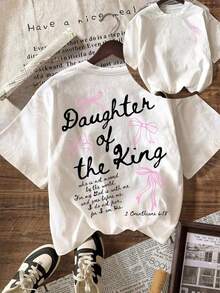 Women's T-Shirt With Pink Bow Print And "Daughter Of King" Lettering In Heat Transfer, Pink Color And Bible Verse, Loose Short Sleeves, Sweet Style, Casual Top - 白色的 - 查看 5