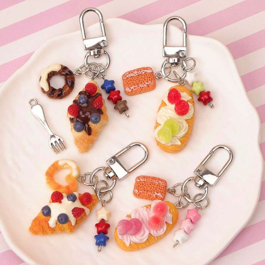 1個/2個/4個 女款仿真麵包食物玩具 奶油藍莓草莓葡萄蛋糕樹脂配件 甜甜圈麵包吊飾 星形吊飾 仿真食物可愛甜美風鑰匙圈包包掛飾 - 彩色 - 查看 1
