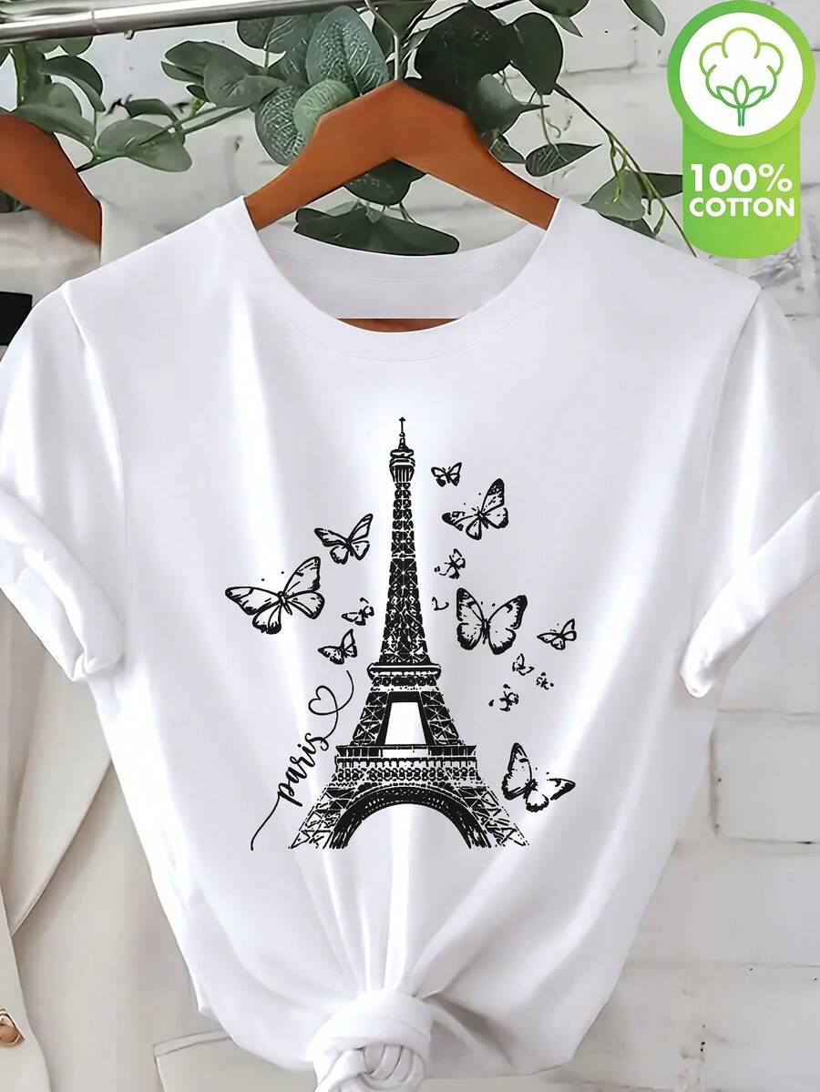 Camiseta de mujer con estampado de la Torre Eiffel y mariposas, cuello redondo y mangas cortas, con diseño de corazón 'París', camiseta casual de primavera/verano.