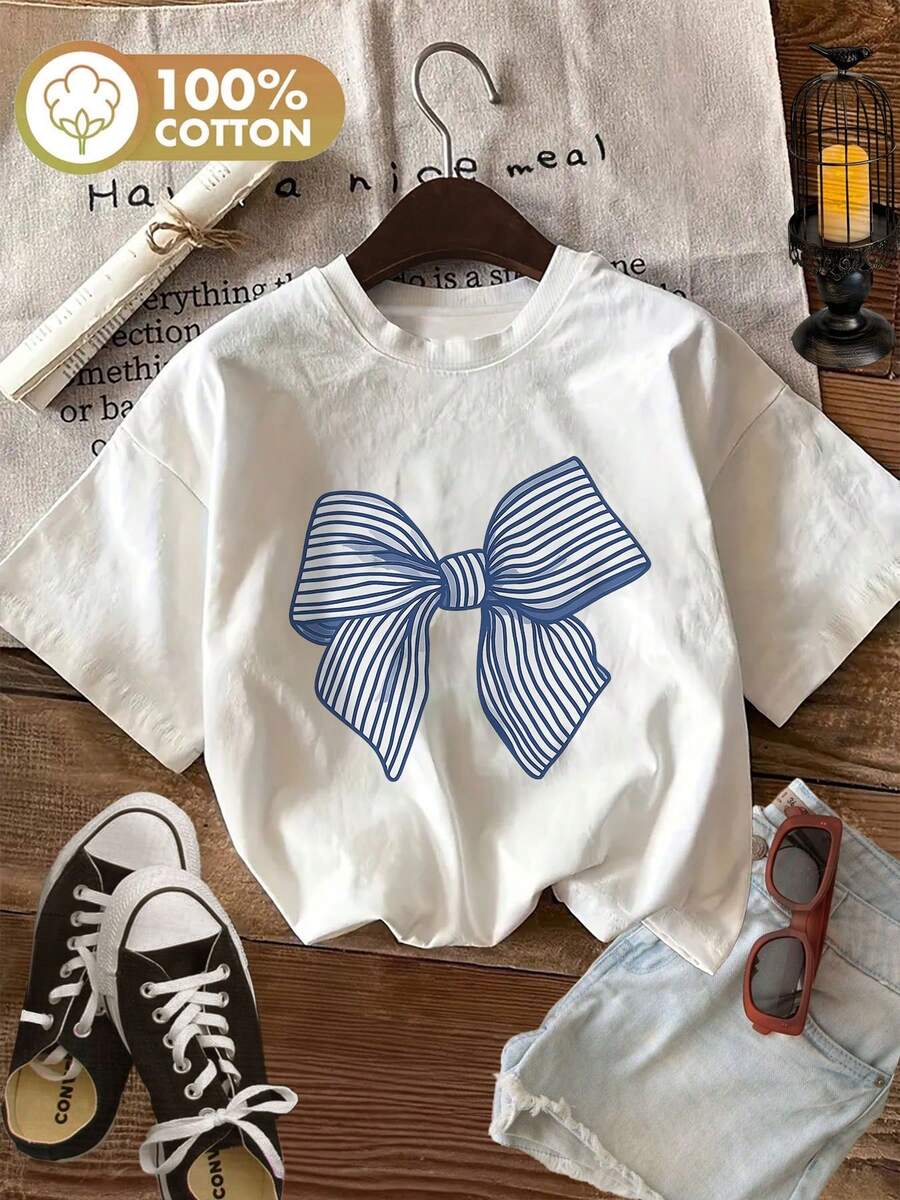 Camiseta con estampado gráfico, manga corta y cuello redondo, top casual para verano y primavera, ropa de mujer