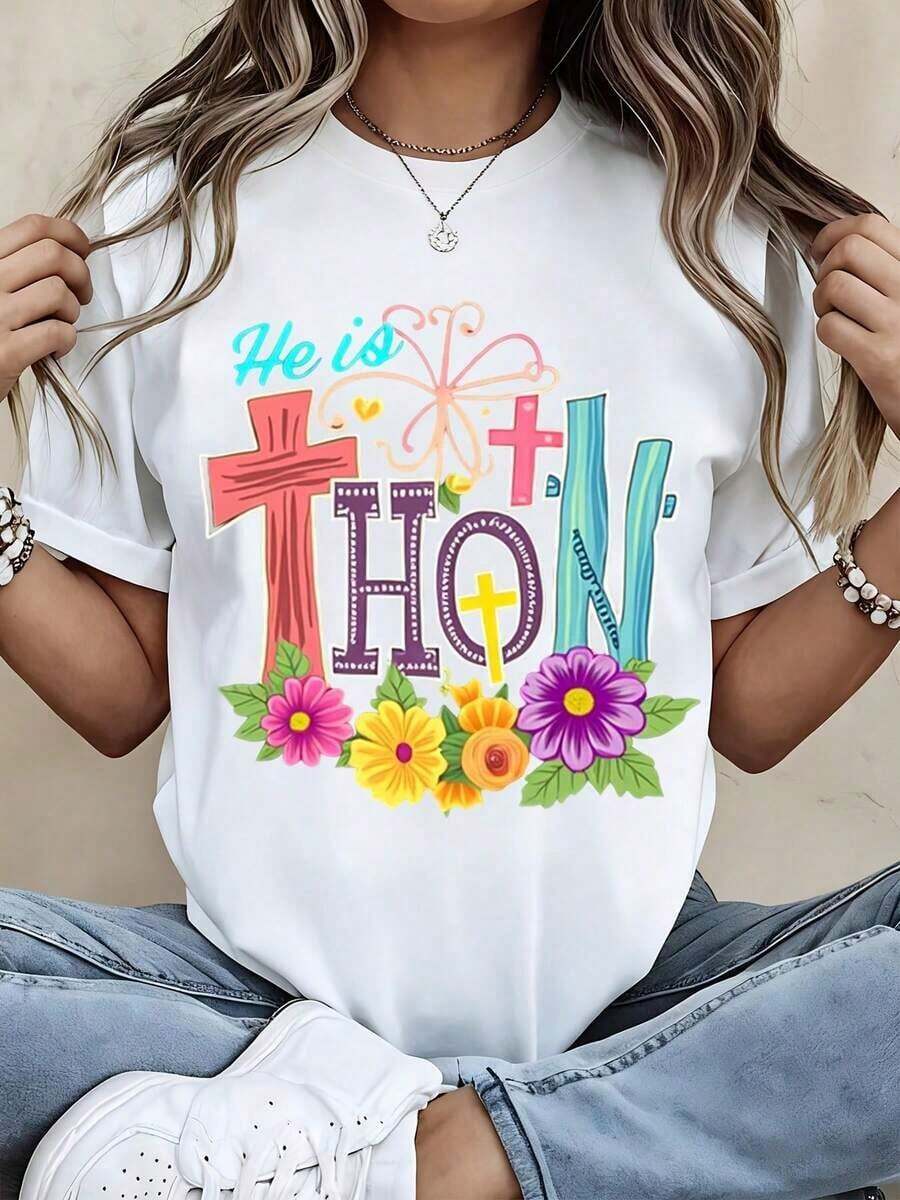 Camiseta de Mujer con Diseño de Cruz y Flores "Él Ha Resucitado" para Eventos Religiosos de Primavera y Pascua en la Iglesia - Blanco - Ver 1