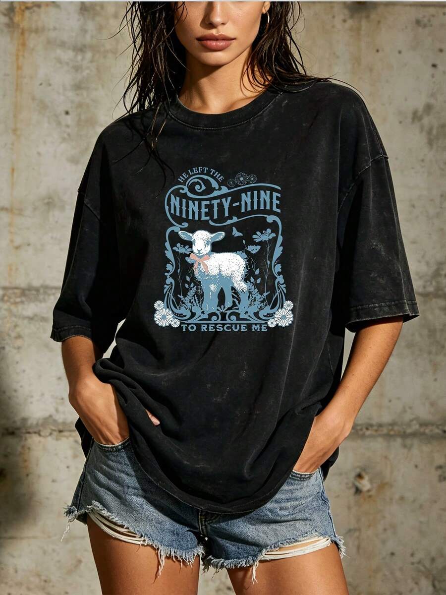 Women's Casual Blouse, Simple Style, Daily Wear, 180g, Soft Printed T-Shirt "He Left 99 To Save Me" -- A Perfect Gift For Friends And Family, A Stylish Short-Sleeved Round-Neck T-Shirt, Suitable For Spring And Summer Celebrations, And Also An Ideal Choice For Corporate Events And Team Building. - 黑色 - 查看 1