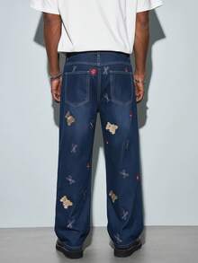 Modcrash Quần jeans ống rộng dáng suông phong cách Y2K thêu hình gấu bông và trái tim, thích hợp cho mặc thường ngày và ở nhà. - Màu xanh lam - Xem 2