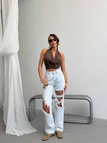 SQUALO Damen Frühling und Sommer Neue Straßen-Lässig-Stil Ausschnitt Dreidimensional Arbeitskleidung Tasche Gerade Weites Bein Super Lang Hose Damen Verwaschen Hellgrau Jeans - Blau - Übersicht 3