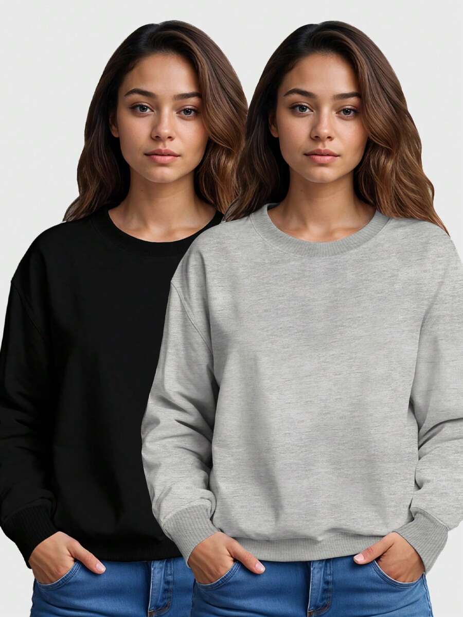 Set Of 2 Women's Plain Crew Neck Fleece Sweatshirts In Various Colors - 黑色 - 查看 1