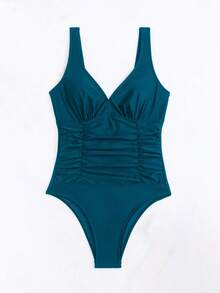 Traje de baño de una pieza con espalda descubierta y unicolor, adecuado para vacaciones en la playa - verde oscuro - Ver 3
