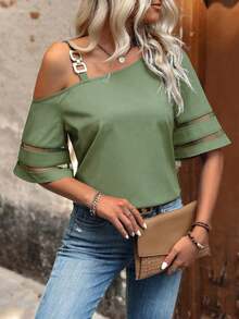Camisa asimétrica de cuello transparente con contraste de malla - Verde - Ver 1