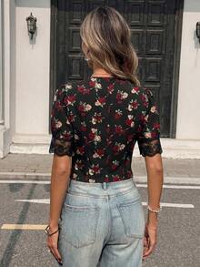 Blusa elegante y vintage de mujer con cuello en V, cintura ceñida y parches de encaje floral rojo - Multicolor 3 - Ver 2