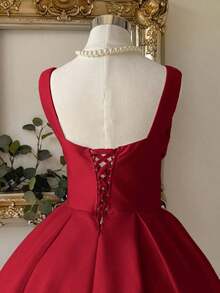 Vestido elegante, lujoso y noble de estilo palaciego con hombros abiertos, escote corazón sin tirantes, silueta de sirena, decoración de perlas falsas y bajo acampanado, adecuado para despedida de soltera, boda, graduación, vacaciones y fiesta de - Burdeos - Ver 6
