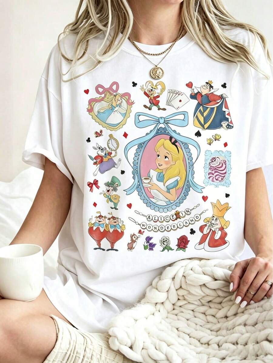 Disney Cartoon Cartoon Character Hodgepodge Printed T-Shirt, Suitable For Daily Wear, Easy To Wear In Summer, Micro-Elastic, Soft Round Neck Casual Daily Shirt, Round Neck Summer Sweatshirt, For Both Men And Women, Loose Version, Holiday Gift.--Disneys Disneyland Paris The Magic Kingdom Disneyesque The House Of Mouse Mickey Mouse Empire Modest Summer Outfits Take That T Shirt Summer Coord Tops For Women Summer Summer Clothes Women Summer Clothes Summer Tops Summer Tops Women Summer Co Ord Summer Top Summer Outfits White Top Black Top Holiday Outfits For Women  Tops For Women Summer Holiday Gifts Valentine's Day Gifts Earth Day Gifts Oktoberfest Gifts Summer Bank Holiday Gifts - White - View 1