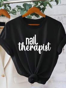 Camiseta de manga corta con estampado "Terapeuta de Uñas" para mujer, estilo profesional, ropa de uso diario para terapeutas de uñas, ropa de mujer, camiseta de cuello redondo de moda primavera/verano 2026, top casual sencillo y holgado, tallas S-XXL. - Negro - Ver 6