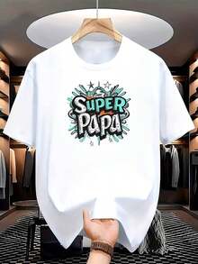 Men's "Super Dad" Print T-Shirt - Heroic And Bold Lettering With Family Design, Father's Day Gift, Casual Crew Neck T-Shirt For Summer And Outdoor Activities, Suitable For Hiking And Everyday Wear - Comfortable And Breathable Fabric (Machine Washable) - Funny Clothes For Dad, Funny Print T-Shirt, Lightweight Short Sleeve - 白色的 - 查看 2