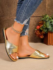 Women's Round Toe Flat Slides Slip-On Fashion Summer New Gold Beach Shoes Elegant Casual Versatile Women's Flat Sandals - Gold - View 6