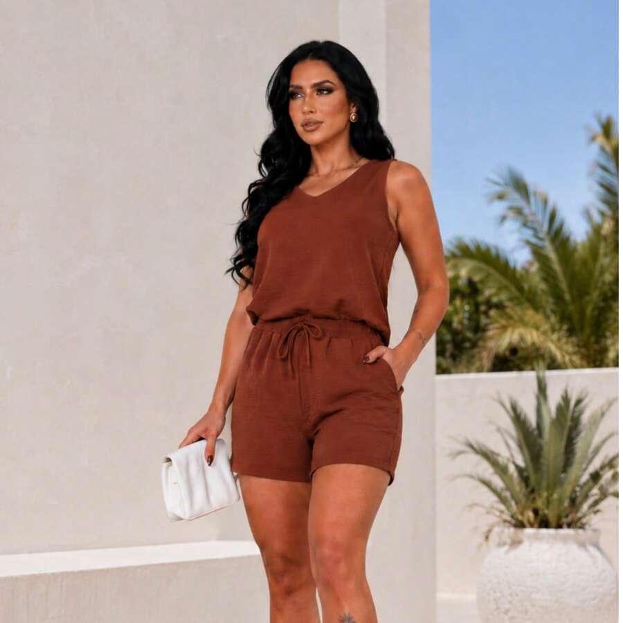 Women's Set: Loose-Fitting Tank Top With Wide Straps + Shorts. Elegant, Casual, Conservative/Modest Luxury Women's Set. Fabric: None. Suitable For: Formal Office And Evening, Photoshoot, Night, Wedding. - 摩卡棕 - 查看 1