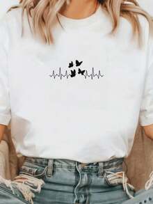1 Piece Of Beautiful Blouses For Women's Clothing Women's Shirts Butterflies And Heartbeats 180G Black And White T-Shirt, Butterfly Print, High Quality Print, Round Neck, Basic Loose Size, For Men And Women, Breathable, Versatile, Machine Washable, Breathable, Comfortable, Size S ~ 3XL, Daily, Casual, Sports, Essential For Summer. - 白色的 - 查看 8
