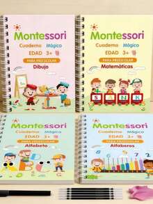Set Of 4 Reusable Montessori Calligraphy Notebooks For Children | Letters, Numbers, Math & Drawing | Includes Magic Pen With Erasable Ink, 5 Refills & Pencil Grip | Educational Books For Preschool And Early Childhood Learning Ages 3+ - Multicolor - View 1