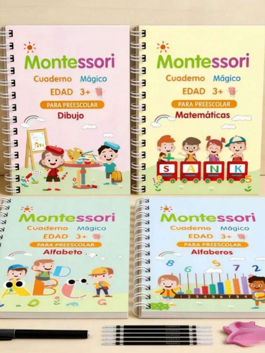 Set Of 4 Reusable Montessori Calligraphy Notebooks For Children | Letters, Numbers, Math & Drawing | Includes Magic Pen With Erasable Ink, 5 Refills & Pencil Grip | Educational Books For Preschool And Early Childhood Learning Ages 3+ - Multicolor - View 1