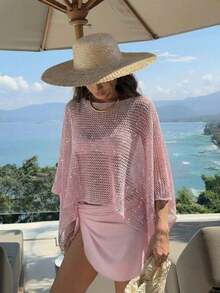 Elegante top de mujer de primavera/verano, de punto rosa, con cuello redondo, sólido, semitransparente, con capucha y detalles de lentejuelas calados, para uso casual, vacaciones y playa - Rosa - Ver 5