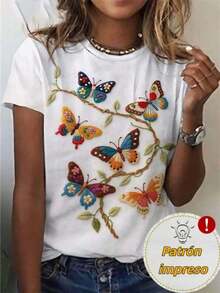 Gift: Women's Summer T-Shirt, Loose Fit, With Colorful Butterfly And Leaf Print, Versatile, Short Sleeve, Comfortable And Breathable, With A Classic Round Neck Design, Suitable For Daily Wear, Dates Or Casual Wear. Soft - 白色的 - 查看 1