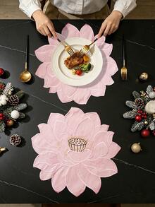 4/120pcs, Pink Lotus Embroidered Fabric Placemats, Waterproof & Oil-Resistant Table Mats, Washable & Odorless Bowl & Plate Pads, Suitable For Restaurant, Cafe, Homestay, Indoor & Outdoor Use, Fit For Festival, Party, Gathering, Birthday, Wedding, Dinner - Multicolor - View 6