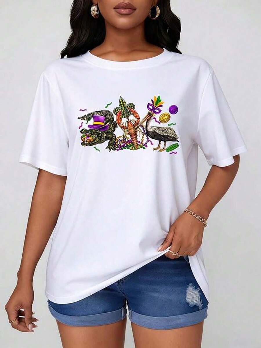 Women's Short Sleeve Crew Neck T-Shirt With Caiman Octopus Pelican Print Gras Party S-3XL Fashionable, Comfortable And Breathable, Machine Washable - 白色 - 查看 1