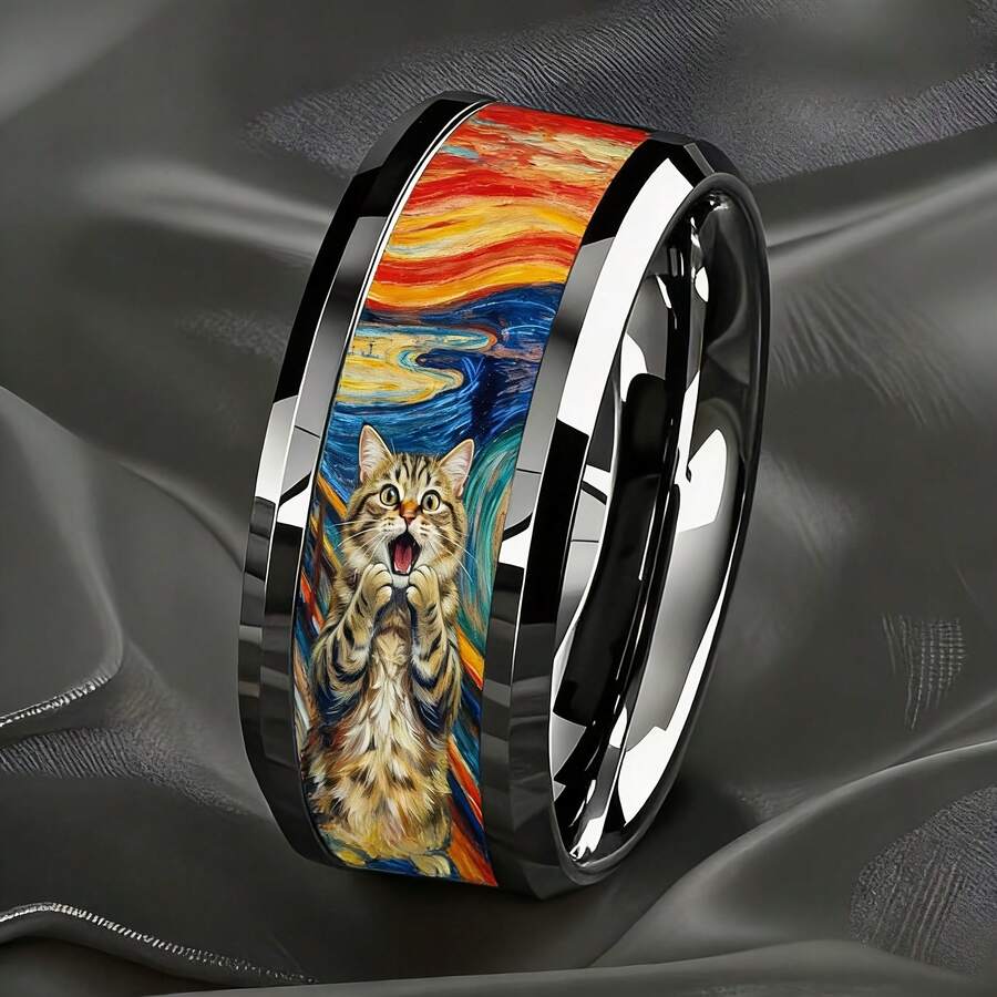 8mm Steel Color Tungsten Carbide Beveled Edge Ring, Printed With Scream Style Cat Parody Pattern, Playful Artistic Personalized Ring, Comfortable Fit Unisex Jewelry, Suitable As Gift For Cat Lovers - Silver - View 1