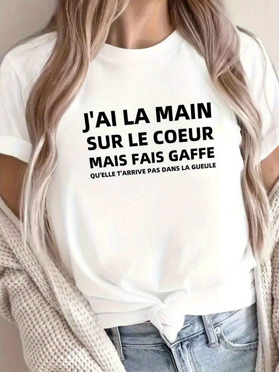 Camiseta de Mujer con Estampado de Mano sobre Corazón - Main Coeur, Manga Corta, Cuello Redondo, con Corazón y Mano, Blusa Casual de Elasticidad Media para Primavera y Verano, Lavable a Máquina, No Es una Camiseta. - Blanco - Ver 1