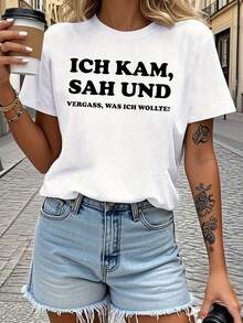 Women's T-Shirt With The German Phrase "Ich Kam, Sah Vergass" (I Forgot Why I Came) - Casual Short-Sleeved T-Shirt With Round Neck And Funny German Phrase Print, White With Black German Text, Ideal For Spring And Summer And As A German Language Gift. - 白色 - 查看 8