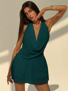 Nuevo vestido mini sexy sin espalda, de un solo color con cuello halter profundo y drapeado, con bajo asimétrico con volantes, revelador y elegante, adecuado para salir, primavera/verano - Agua verde azul - Ver 4