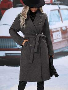 Classic Wool Trench Coat With Lapel, Double Buttons, And Belt - Màu xám đen - Xem 4