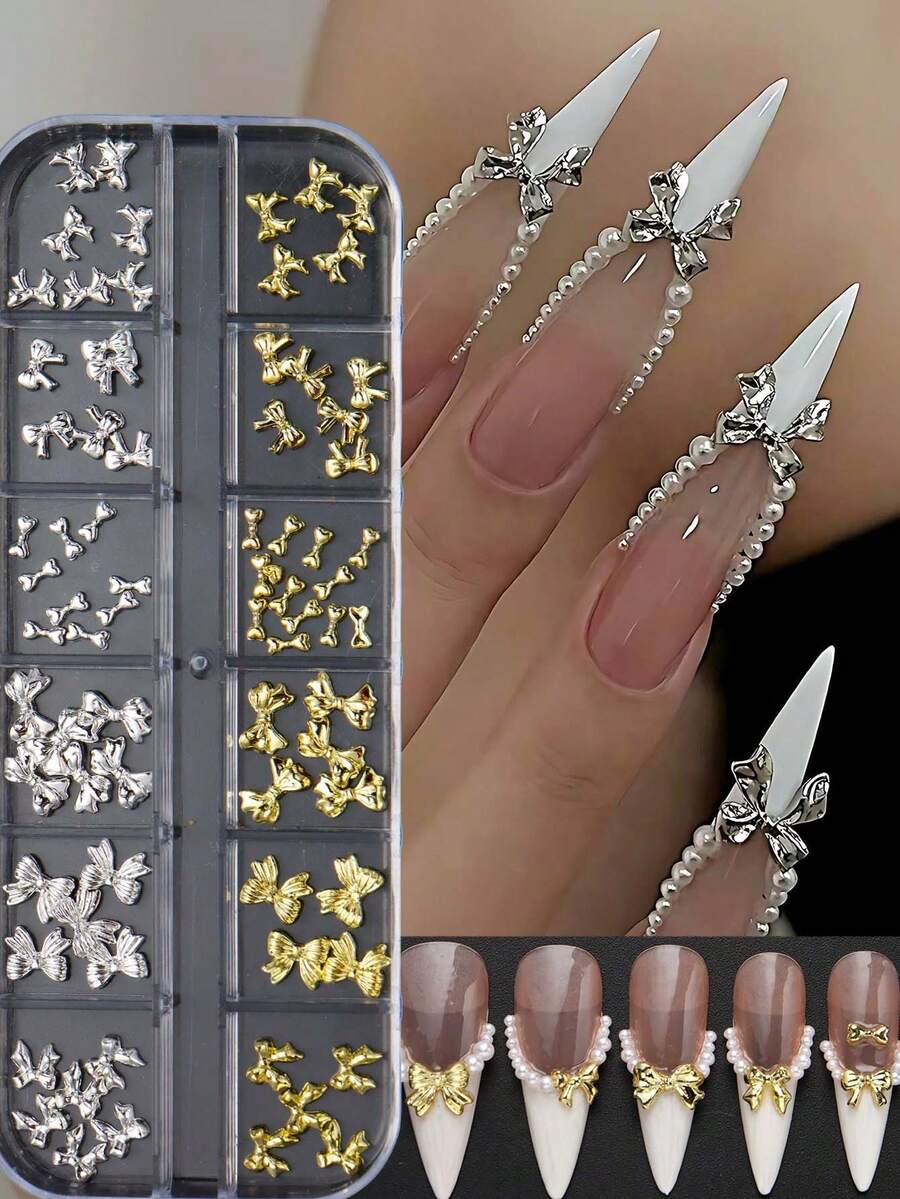 12格金銀色蝴蝶結美甲飾品 3D金屬合金蝴蝶結美甲裝飾 甜美緞帶美甲鑽飾 優雅婚禮 Coquette 風格美甲用品 - 彩色 - 查看 1