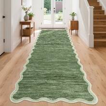 1Pcs Room Decor Modern Washable Scalloped Border Solid Green Area Rug For Living Room Indoor Bedroom Foldable Floor Mats, Soft Low Pile Non Shedding Carpets For Offices Non-Slip Runner For Hallway Dorm - Gray Green - View 2