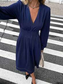 Frenchy Vestido midi elegante de moda con escote en V profundo y cintura para mujer, para el verano - Azul marino - Ver 2
