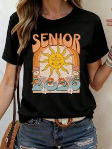 Camiseta de Cuello Redondo con Estampado de Sol y Flores para Mujer, Talla Grande, Manga Corta, 2026, Moda Casual de Algodón, Suave y Cómoda para Celebración de Graduación y Uso Diario, 100% Algodón. - Negro - Ver 6