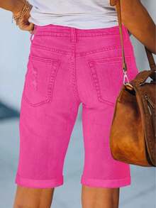 Necooer Women Jean Shorts Ripped Casual Summer Mid Waist Stretchy Five Points Denim Jean Shorts - 玫紅色/78 - 查看 4