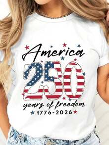 Casual T-Shirt America 250 Years Of Freedom 1776-2026 US Flag Design Independence Day Celebration Patriotic Clothing For Fourth Of July Parties And National Holidays Women's T-Shirts - 白色 - 查看 6