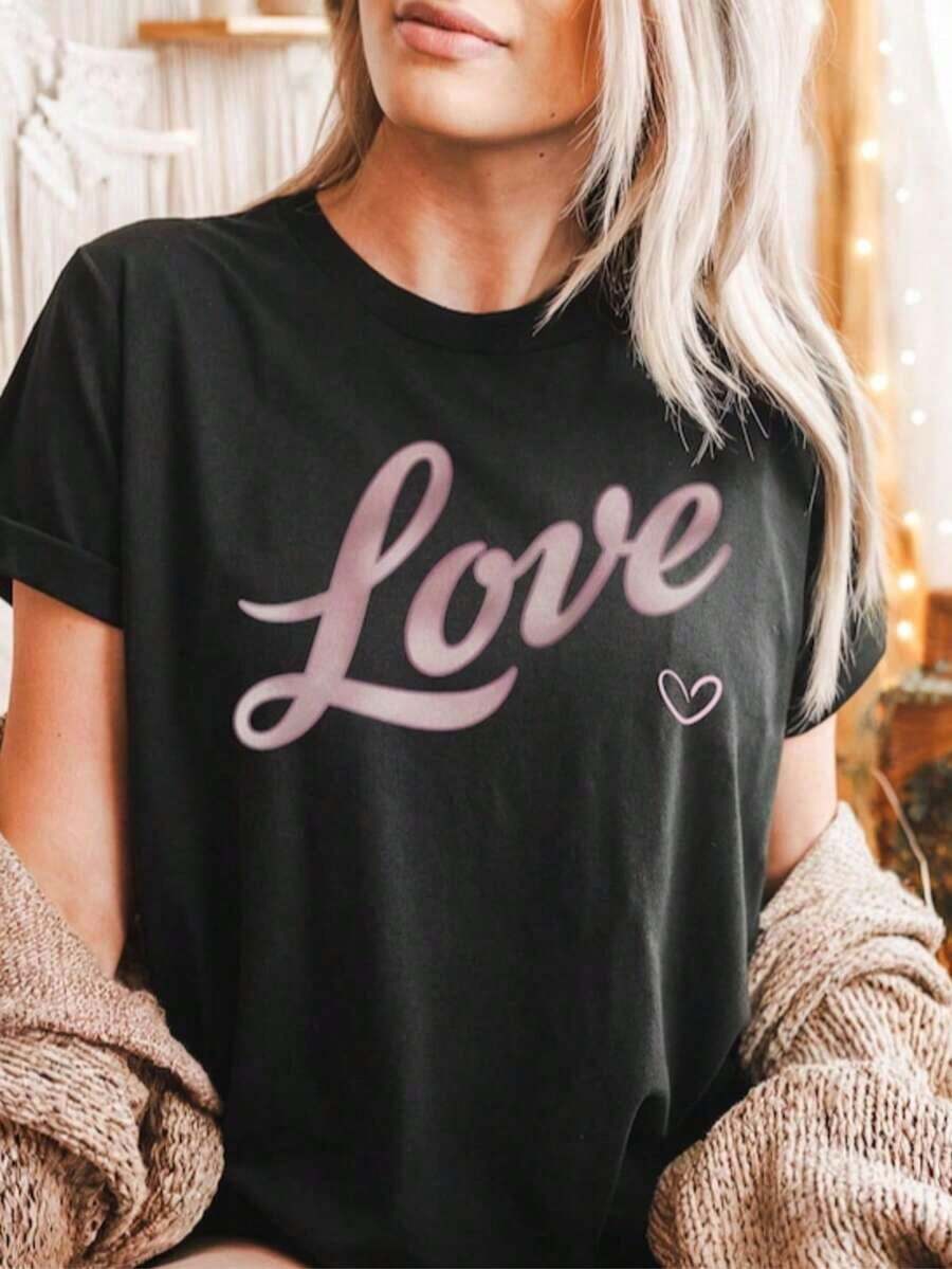 1 Piece Women's Love Print T-Shirt, Valentine's Day Print T-Shirt, Pink Heart T-Shirt, Love T-Shirt For Women, 180g, 100% Cotton - 黑色 17 - 查看 1