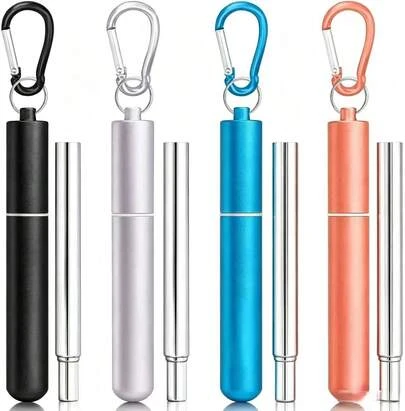 Metal Straws (4Packs), Collapsible Travel Drinking Straws With Cases, Cruise Ship Essentials,  (Blue-Black-Rose Gold-Silver)