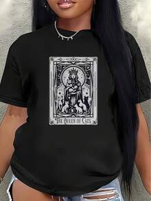 Camiseta de manga corta, ligera y duradera, con estampado de Cat Queen, perfecta para uso casual en casa, en cafeterías o en la oficina.blusa casual mujer - Negro - Ver 7