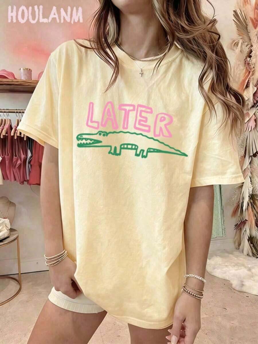 Women's Crocodile Print T-Shirt "Later Gator" | Spring Tops, Plus Size Short Sleeve T-Shirt, Women's Clothing, Summer Clothes For Women - 黃色 - 查看 1